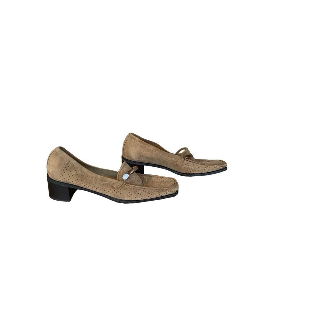 Stuart Weitzman Womens Tan Perforated Square Toe Block Heel Loafer Size 9M